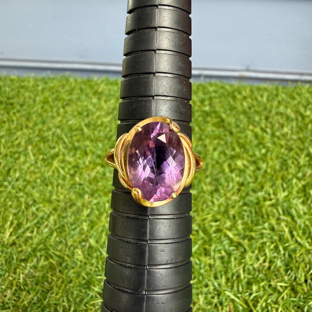 Vtg 80s 14k Yellow Gold Ring Engagement Promise Faceted Amethyst Cabochon Size 8